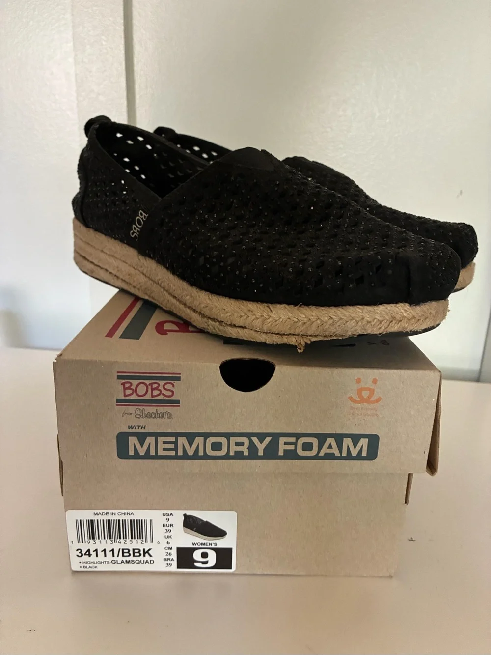 BOBS from Skechers Black Women's Rhinestone Espadrille Slip-On